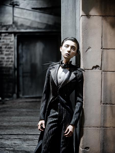 photography, concept art, digital artwork, intricate detail, masterpiece, cinematic real life photo,nbc, photo of a man, wearing a dark suit, High-fashion photography, abandoned industrial warehouse, dramatic lighting <lora:nbxmas-08:1>, cinestill 50d, 35mm photograph, film, professional, 8k, highly detailed