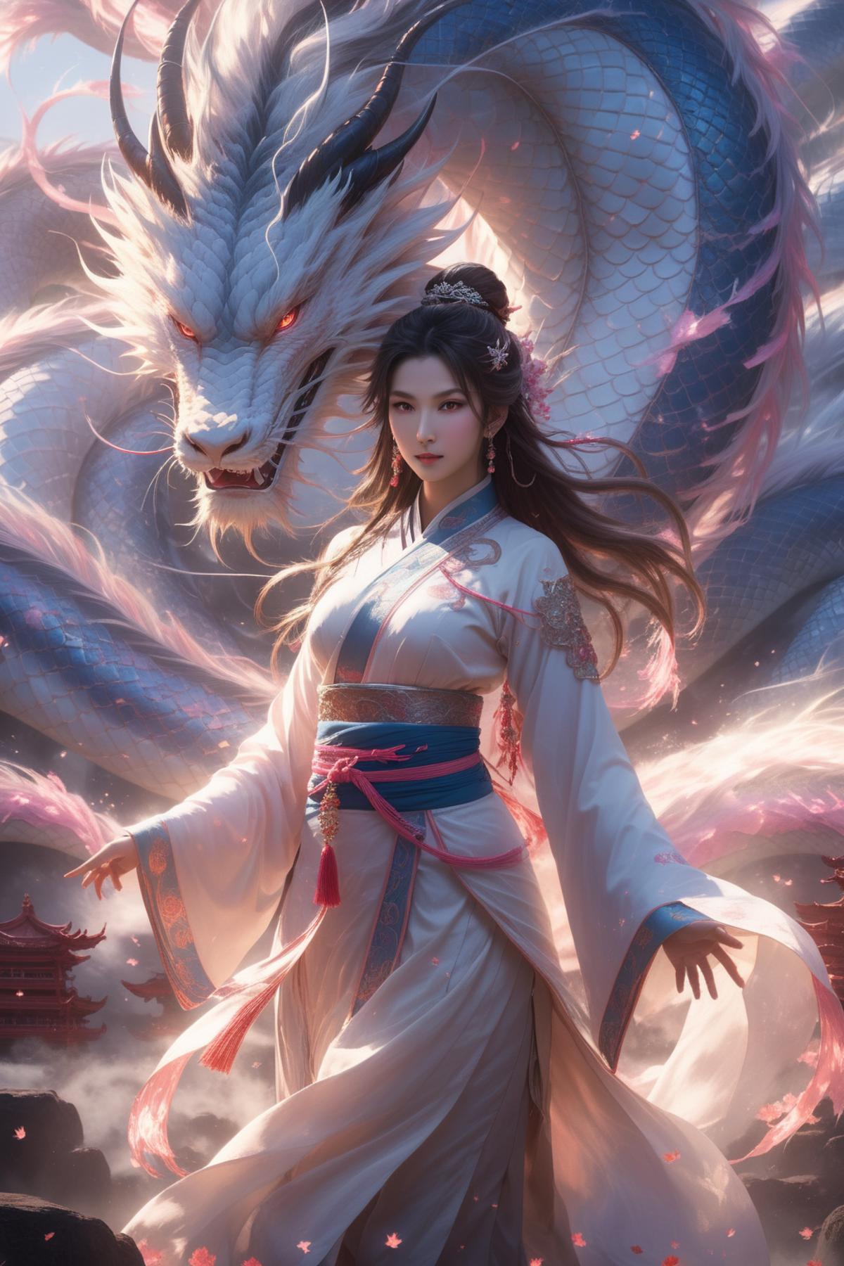 A woman in a white dress with a blue belt and a red ribbon standing in front of a dragon.