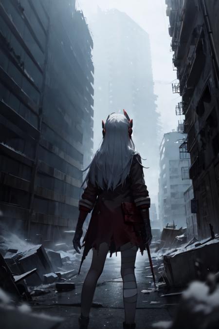 white hair, long hair, headgear, from behind, red jacket, mechanical arms, bandaged leg
BREAK from behind, on top of building, facing away, 
BREAK ruined city, ashes, ruined buildings, ruins, post-apocalypse, light trails, wide stance, volumetric light, snow, snowing, floating hair
BREAK cowboy shot
 <lora:alpha-21:1>