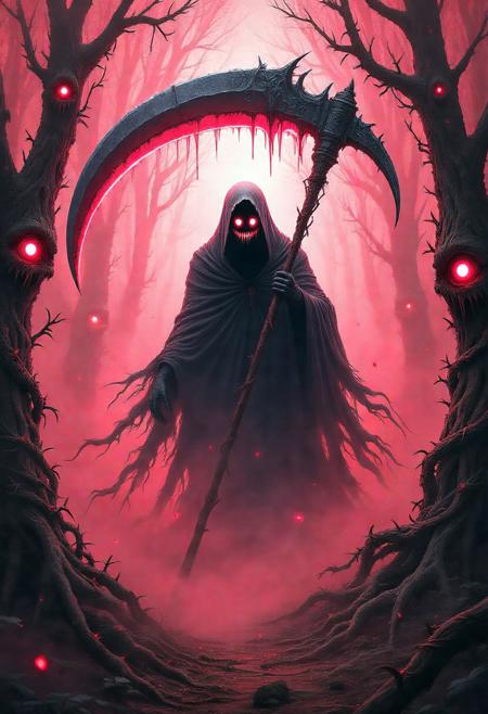 painted world, teeth, stylized surreal depiction of an ethereal ghostly cybergore figure with a large scythe, wearing a cloak without a face, floating through an enchanted forest permeated by a thick miasma visible as dense and vibrant fog with a menacing neon glow pulsing from within. The monster trees are interconnected by thorny vines with eyes and fangs. The color scheme is dominated by an eerie red-pink light and particles, accentuating the horror-themed grimdark fantasy nightmare.