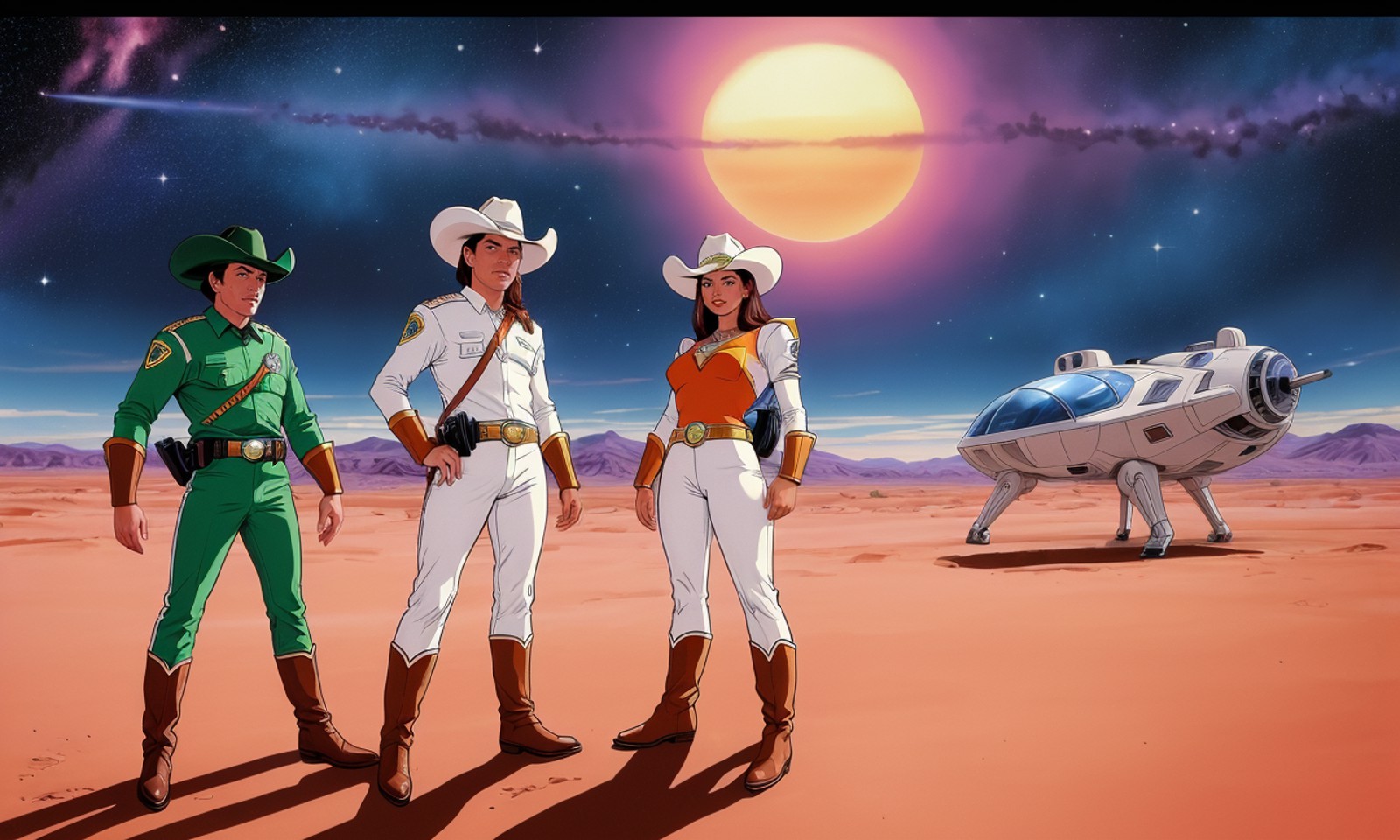 wsma1985, cartoon, vibrant colors, best quality, masterpiece, group of people, cowboys, sci-fi western, cowboy hat, desert...