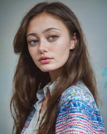 Chz-EllaP2, (meticulously-detailed, Ultra-HD-realistic:1.3), close-up, staged-snapshot, 8k, focus face, (colorful fashionable clothing:1.3), salon-styled-hair, expertly applied cosmetics, intelligent composition, (hd, dslr, Fujifilm XT3), color graded, soft focus, simple background, absurdres, (perfect-eyes, masterpiece, best quality:1.4),
