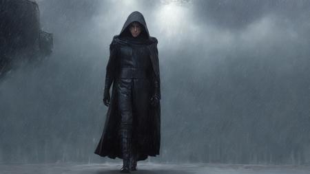 KYLO_REN, a man in a wearing a black cloak walking in the rain <lora:KYLO_REN:.8> <lora:EP3:.2>