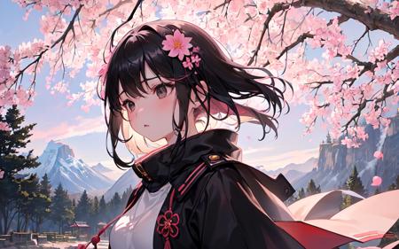 (best quality, masterpiece),(1girl, miko, coat, expression face, black eyes, looking away ,black hair, walking, upper body), (night strray sky, huge old tree behind, falling glowing pink petals behind, shrine behind, mountain background, blowing wind, meteoric cloud)