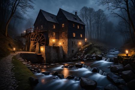 Horror-themed , a small river flows through a narrow stony gorge with steep slopes. a small medieval wooden watermill stands on the riverbank, candlelights illuminate a small path leading to the mill, (darkness:4.0), 
midnight, mist rolls in, dark smoke rises from the chimney, in the thick fog, wafts of mist, a swarm of crows flying in the sky, spooky, scary, horror, mystical, creepy,dark,  <lora:add-detail-xl:1.8>,
Ultra-HD-details, true to life, HDR image,High detail resolution, high detailed, realistic,sharp focus,(very detailed),((4K HQ)),depth of field,f/1.2,Leica,8K HDR,High contrast,shadows, bokeh, (8K HDR photo),realistic texture,realistic shadows,accurate to life,living image,lifelike , shallow depth of field, vignette, highly detailed, high budget, bokeh, cinemascope, moody, epic, gorgeous, film grain, grainy, Extremely high-resolution details, photographic, realism pushed to extreme, fine texture, incredibly lifelike,  Eerie, unsettling, dark, spooky, suspenseful, grim, highly detailed . Eerie, unsettling, dark, spooky, suspenseful, grim, highly detailed . Eerie, unsettling, dark, spooky, suspenseful, grim, highly detailed