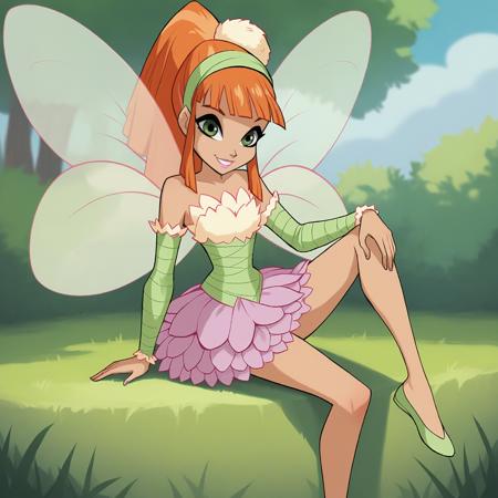 xmielex, orange hair, long hair, ponytail, green eyes, makeup, lipstick casual outfit, hair flowers, dress, bracelet, platform footwear fairy outfit, headband, hair ornament, wings, skirt, bare shoulders, detached sleeves, shoes, flats