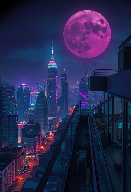 Penthouse, night city view, cyberpunk themed, retrowave,