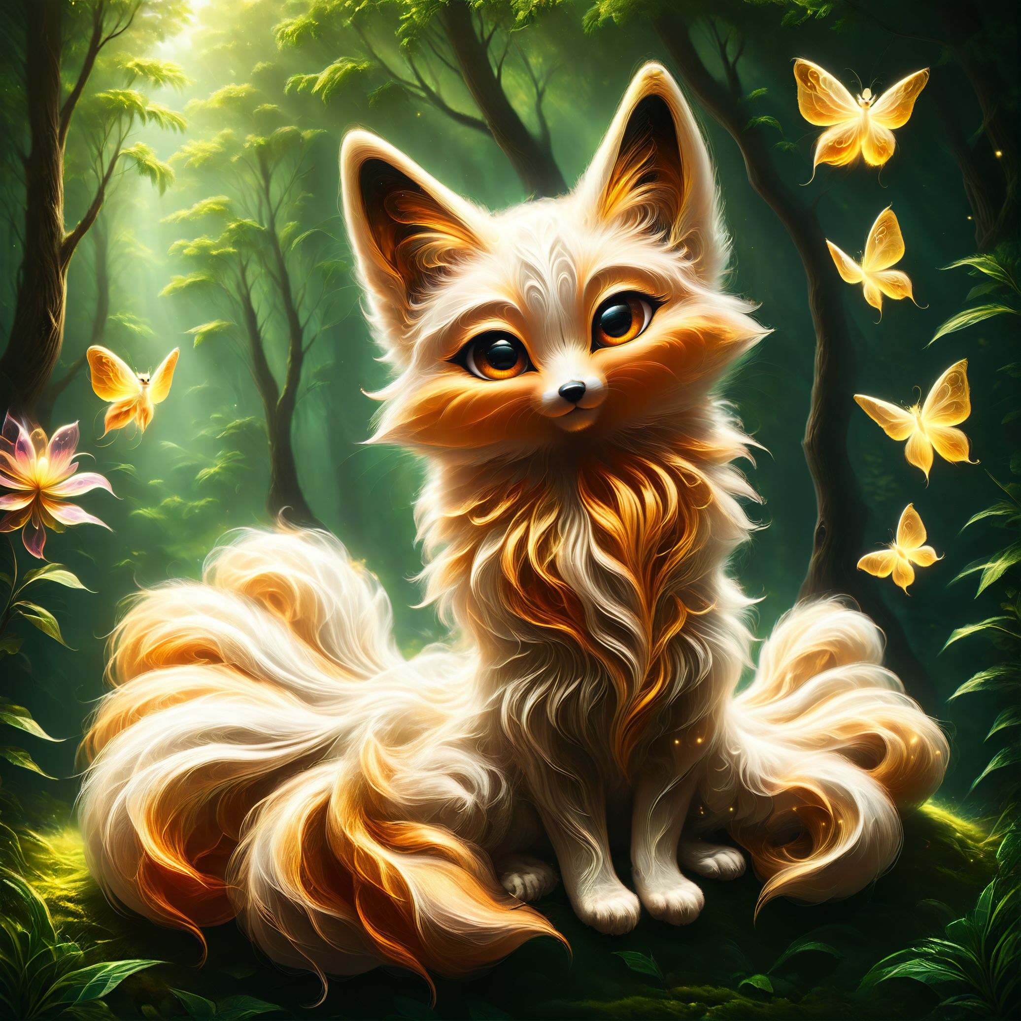 (zPDXL:1.3) BREAK kitsune made of mad-wsps, (nine massive tails:1.2), white fox, furry, lush fur,  beautiful crystal clear...