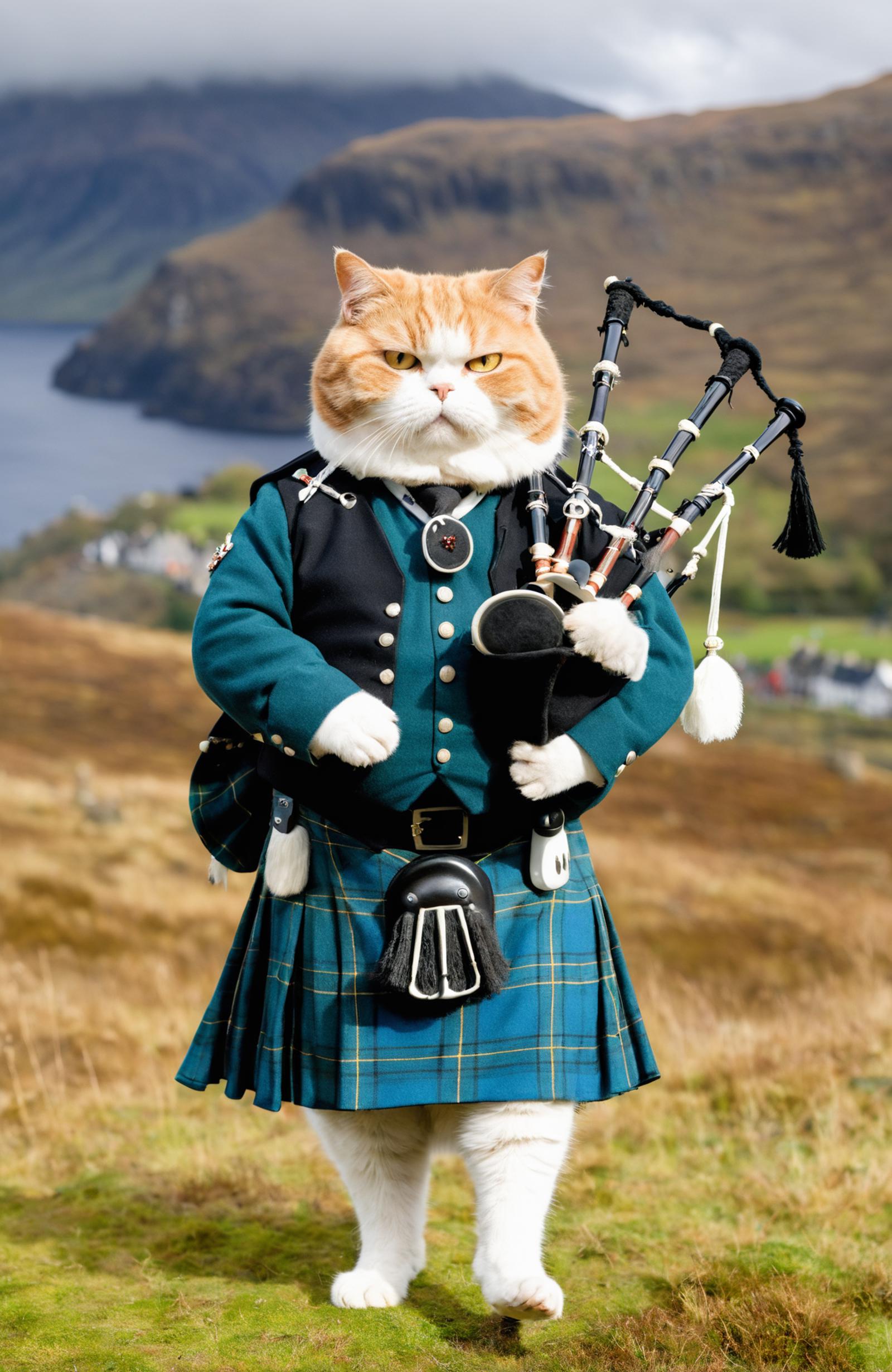 A cat in a kilt holding a bagpipe on a hillside.