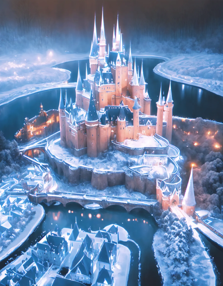 Photo of a massive snow-covered castle illuminated by ambient lights, casting a magical glow over the wintry landscape<lora:xmascastle_v0.2:1>