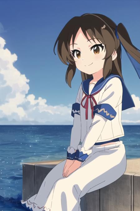 Tachibana Arisu, 1girl, solo, brown hair, twintails, brown eyes, sky, dress, sitting, outdoors, detached sleeves, smile, ocean, day, cloud, water, ribbon, white dress, blue sky, wrist cuffs, sailor collar, wind, bridal garter, long hair, blue sailor collar, sailor dress, hair ribbon
 <lora:arisu-u149-anime-v1.0:1>