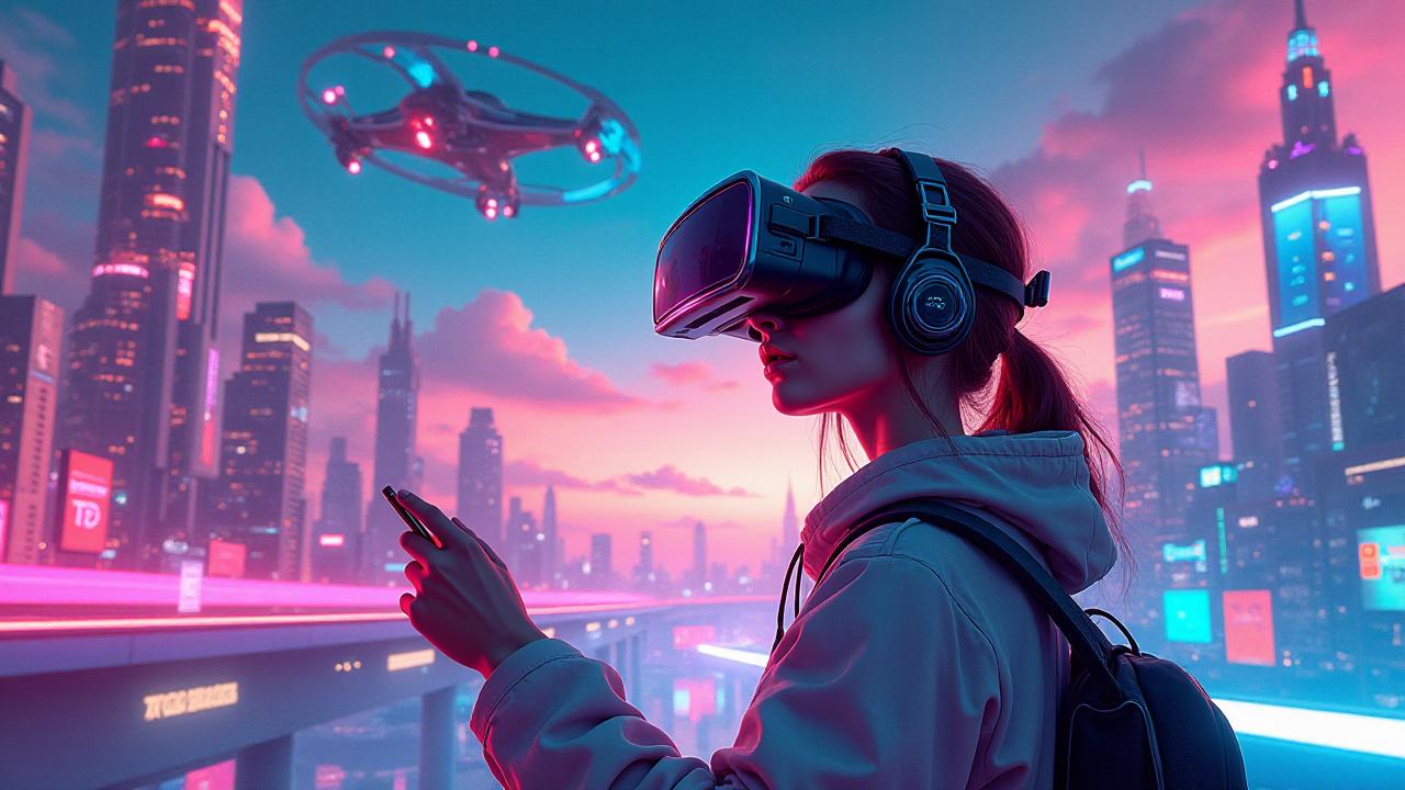 comic a girl playing virtual reality, cities of the future around her, futuristic cars flying in the sky, holograms-advertisements around her, raw, hdr, 8k textures, extreme detail, hight detailed skin texture, epic details, high sharpness . graphic illustration, comic art, graphic novel art, vibrant, highly detailed