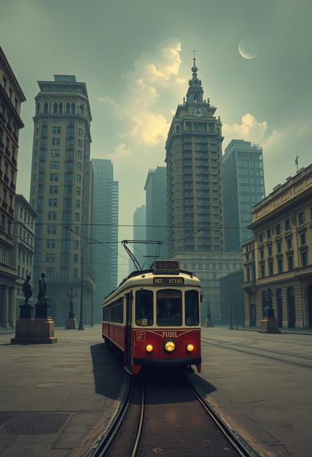 surreal cityscape, vintage tram, tall apartment buildings, surrealist painting, eerie urban landscapes, elongated shadows, classical architecture, muted color palette, mysterious atmosphere, empty plazas, dramatic perspective, melancholic mood, enigmatic statues, dreamlike quality, haunting stillness, bold contrasts, metaphysical art, timeless and unsettling