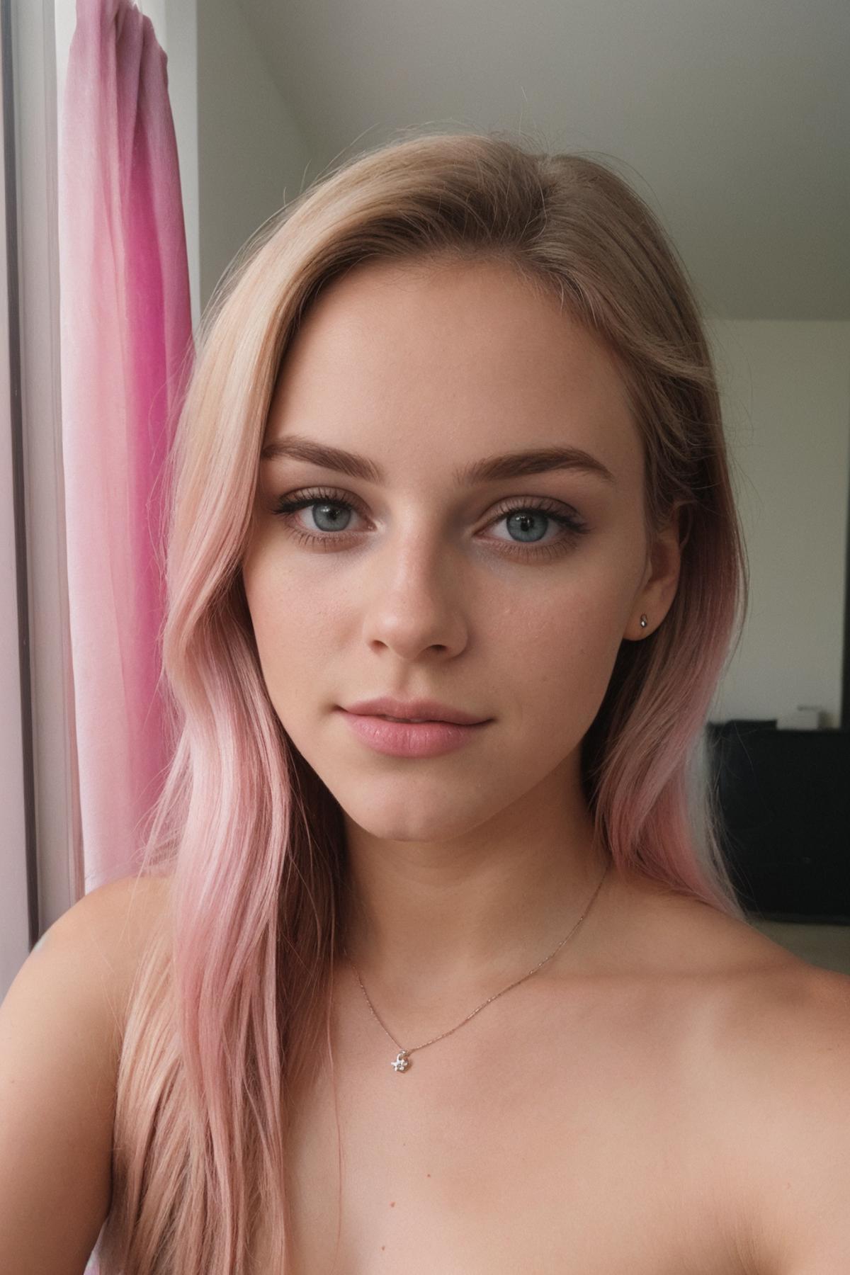 Blonde Woman with Pink Hair and Blue Eyes Looking at the Camera.