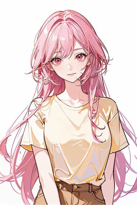 Best quality,Masterpiece,1girl,pink hair, red eyes, yellow shirt, <lora:æ°´å½©ç¬v1.2:0.7>,lineart,