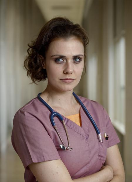 professional photography, portrait of a nurse in scrubs, at the hospital, worried expression, bold, bright colours, (high detailed skin:1.1)
 <lora:jennie_jacques_lora_v01:1> jenjac