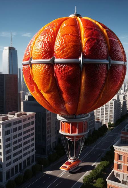 Ultrarealistic. sharp focus, dynamic lighting. play of light, Raytracing, Ultra detailed. (blood orange style). A huge alien spaceship made of blood orange over a modern city.