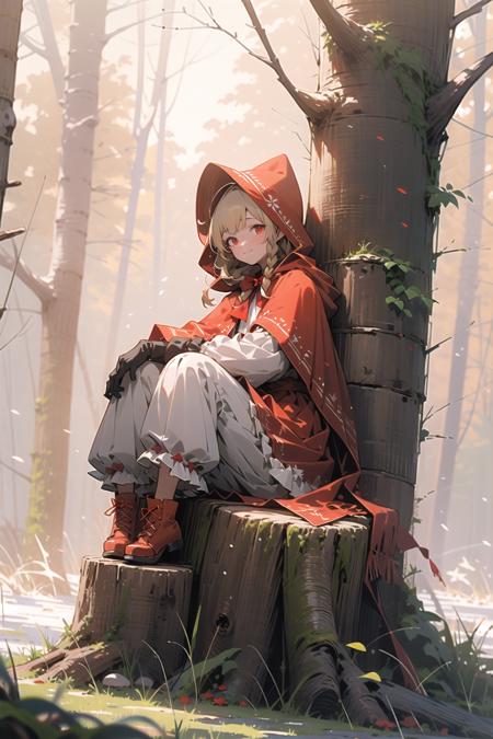 mushroom, sitting, tree, outdoors, grass, nature, 1girl, blonde hair, red footwear, forest, shoes, long sleeves, bangs, red headwear, hat, hood, red cape, gloves, medium hair, bloomers, dress, long hair, day, shirt, closed mouth, full body, cape, solo, hood up, looking at viewer, red hood, 1boy, tree stump, white bloomers, red dress, red cloak, plant, knees up, bow, sunlight, white shirt, bird, moss, red eyes, underwear, creature, braid, smile, on ground, pointy ears, red bow, animal, little red riding hood (grimm), red capelet, pants, link,
 <lora:snowlight-000007:1>