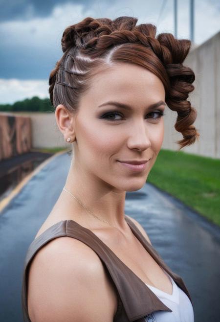 posing, fashion forward, professional, asphalt, graffiti, concrete wall, clouds, rain, sidelighting, dimples, close-up, auburn hair, braided updo, pale