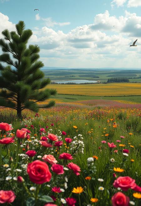 masterpiece, best quality, ultra-detailed, realistic, 8k, pine tree, flowers fields, many kinds of flowers, a couple of rabbits on very distant, lakes, meadows, grass, glitter on top, daytime, sunlight, cloudy, some birds fly in the sky over long distances, out-of-this-world scenery, lifelike, naturalism, greatest naturalism photo, immaculate detailed realism photography, rich colors, best colors perfect composition, perfect colors, colorful, clear photo, intrigue nature panorama, delicate nature photo, immaculate micro-details nature elements, (out-of-this-world scenery:1.23), beautiful landscape, beautiful flowers, crystal fantastic, breathtaking beautiful nature, unmatched beauty nature, more nature elements, rich nature elements, (emphasize a bunch of small red roses are scattered around:1.37), some yellow rose, some white rose, perfect dynamic angles for viewing the scenery, very aesthetic, artistic style, surreal, insanely lifelike, top best naturalism photography, greatest detailed, intricate nature details background, depth of field, (no human:1.37), detailerlora,