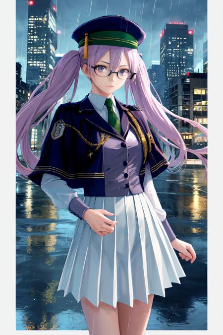 masterpiece, (detailed, highres, best quality), 1girl, <lora:spfgoSokaris:1> sokarisdef, glasses, hat, white shirt, green necktie, jacket, capelet, long sleeves, white skirt, building, letterboxed, night, night sky, rain, reflection, sky, skyscraper, valentine, Front view