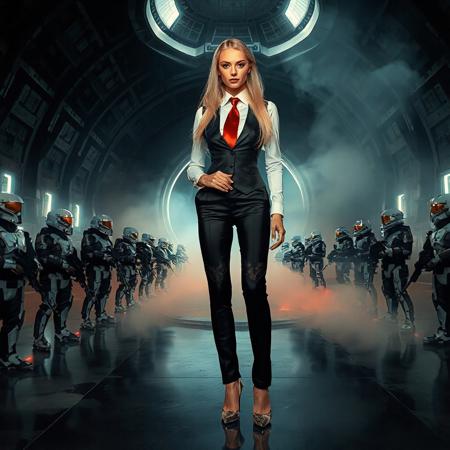 slender arrogant cold russian blonde lady wearing rich black glossy satin business trouser suite with lace inserts, small size opulent glossy high heels, white shirt, red silk tie, jewels, elegant small light saber,  standing, giant portal to outer space, fog from the floor, empire spaceship hangar, surrounded by halo odst troopers, fashion look, hollywood, vogue makeup, porcelain skin, long haired, ultrathin waisym reminiscent of H.R. Giger, Zdzisław Beksinski, and Ash Thorp's dark, sleek styles, with close-up glamour photography, glossy satin and silver heels glistening, fleshy slime dripping, and dark shadows.