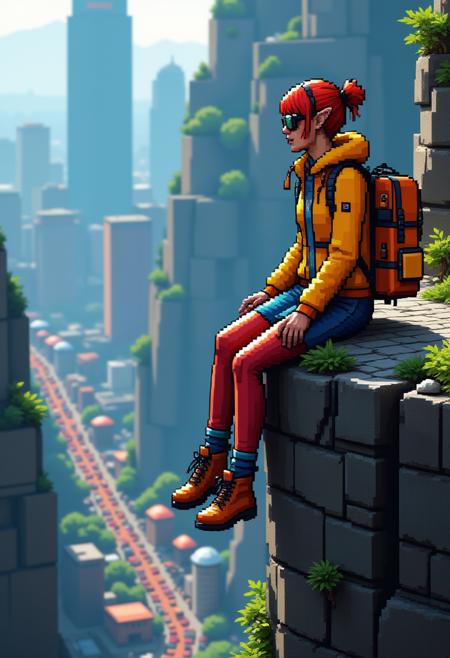 close-up of a hitchhiking woman with red hair stylized as an elf with pointy ears sitting on the edge of a cliff above a cyberpunk city, her feet dangling above the abyss
 <lora:dvr-pixel-flux:1> dvr-pixel-flux
