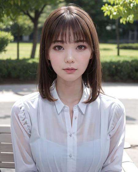 best quality, photorealistic, 8k, high res, full color, 1girl, woman, 20 years old woman, (closed mouth:1.73), (skindentation), (portrait:0.6), trees, park bench, daylight, ((park background:1.52)), full color, ((whiteshirt:1.58)), looking at viewer:1.8, (1girl eyes looking at viewer:1.55), (medium hair, brownhair, partedbangs:1.45), (bokeh), <lora:AAV-mio:0.69>