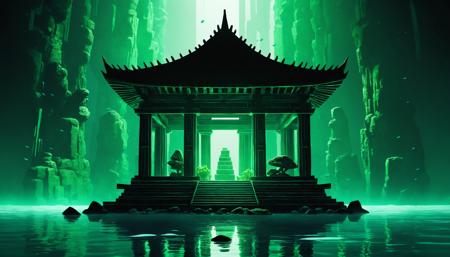 Architectural style underwater ancient temple, dark atmosphere, toxic green ambient lights, deep sea monster in the shadows, light particles floating in water, rocks underwater around the temple, highres, best quality . Clean lines, geometric shapes, minimalist, modern, architectural drawing, highly detailed