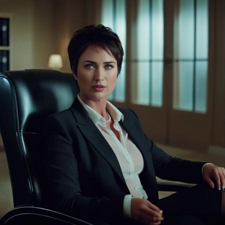 cinematic film still of Perfect Detailed
 <lora:Megan Fox-000002:1.5> Megan Fox 
a woman in a secretary suit sitting in a chair with a remote control, shallow depth of field, vignette, highly detailed, high budget, bokeh, cinemascope, moody, epic, gorgeous, film grain, grainy