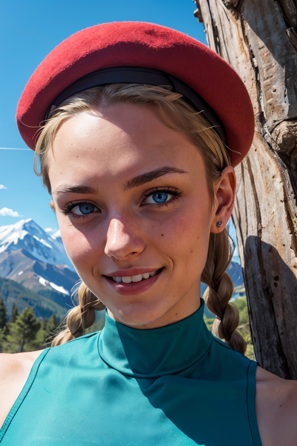 SF2CW, blue eyes, blonde hair, twin braids, red beret, green leotard, face scar, looking at viewer, smiling, close up port...