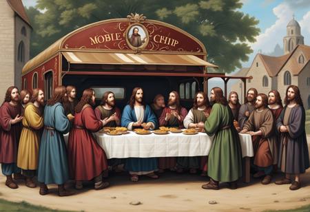 Jesus and the twelve apostles stand outside a mobile fish and chip van for the Penultimate Supper. In the style of Leonardo Da 
Vinci last supper