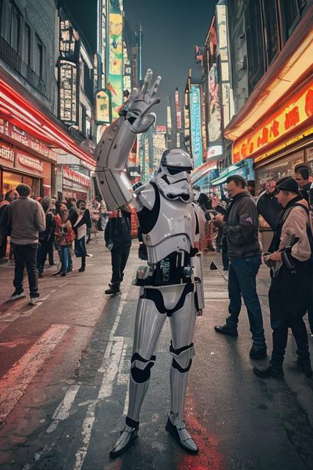 masterpiece,star wars,stormtrooper,standing on street, cyberpunk city view,dancing on street, empty hands,flashing neon lights, crowded city