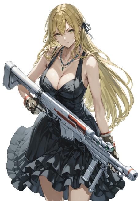 <lora:yukihiro_kajimoto_so2r_xl:1>, yurihiro_kajimoto, star ocean, star_ocean_the_second_story, opera, 1girl, anti-materiel_rifle, black_dress, blonde_hair, breasts, cleavage, collarbone, dress, full_body, gloves, gun, holding, holding_gun, holding_weapon, jewelry, long_hair, looking_at_viewer, necklace, sniper_rifle, solo, standing, trigger_discipline, weapon, white_background, ((masterpiece, best quality))