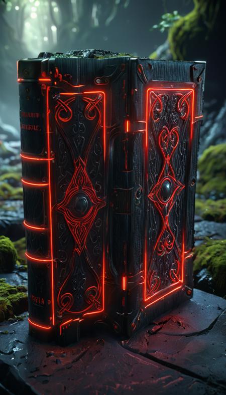 An ornate Celtic bookcover, mysterious, magical, neon glow, grimoire, ancient,,,, white & red tones, wide leather of tar, covered by lichen and cane, foreboding stripes made of black glass, concept textured fur, hard angles, gradient rendered in pristine surfaces, dramatic composition-trending on cgsociety by unreal engine and highly rendered with cinematic highly advanced architecture  Rendered in maya, no subboiled mystery ai process around vivid gradient by Dustin rutkowsky,/tus max, featured, rendered in HD, (Hyperbeast:1.08), Mountains, 8S HDR, Very telephoto lens orbs, volumetric god rays, photoreal 16k resolution photorealistic, Octane Render, CGSociety, VRay, trending on polished metal cinema 4k resolution, C
 <lora:v0ng44g003:0.3> <lora:v0ng44g005:0.2> <lora:Twilight_Glade:0.3> <lora:visiblend:0.4>  <lora:glowneon_xl_v1:1.5>