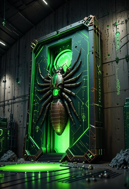 ((masterpiece, best quality)), high resolution, 32k picture, professional render, trending on artstation, Necron, full body shot, side view, bronze mechanical bug, angular shapes, ((green-glowing body)) . sci-fi cargo hangar, specular floor, beams of electrical discharges, scare environment, photo realistic, high details, 8k, sharp focus, bokeh, HDR, volumetric lighting, ((multi-colored artistic lighting)), vibrant shades, (3D Framed wall), best quality