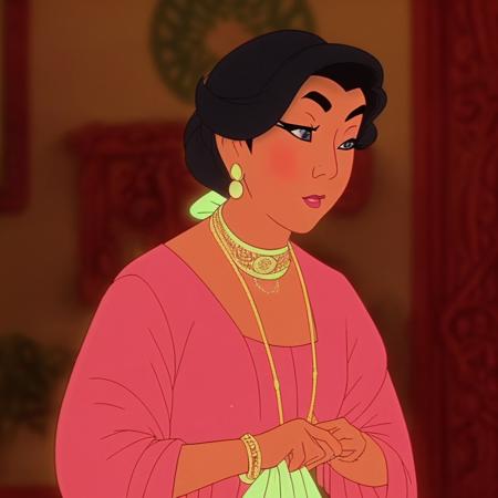 an asian woman, ((old)), evening gown, highly detailed, Zwxthejx , 1900s, animated cartoon, gorgeous lighting, illuminated