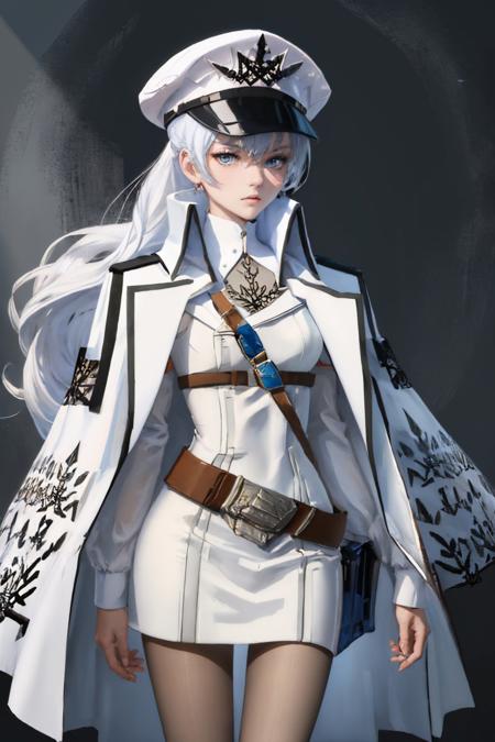 (masterpiece, best quality:1.2), <lyco:rwby_weissschnee-12:1.0>, cowboy shot, solo, 1girl, weissneg, expressionless, closed mouth, peaked cap, sunglasses, military uniform, white coat, belt, pantyhose