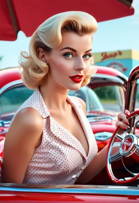 Create a high-resolution photo-realistic image of a cute girl, 50s drive-in, waitress, 1957 corvette, (huge natural breasts: 1.4), (cleavage:1.4), (best quality:1.4), 8k, uhd, masterpiece, best quality, ultra-detailed, ((detailed skin: 1.4)), photorealistic, ((big eyes)), (((high cheekbones))), sharp focus, detailed female anatomy, anatomically correct, well-drawn mouth, well-drawn lips, (well-drawn eyes), sharp lips, (((50s style))), equal catchlight in both pupils, 50s hairdo, 1950s makeup, 1950s cars, pinup, 5 digits per hand, cute flirty smile, 50s fashion, carrying tray of burger fries milkshake,