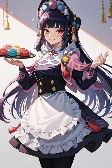 best quality, masterpiece, highres, solo, {maid:1.40}, {long maid dress:1.15}, {yun_jin_genshin:1.15}, bangs, blunt_bangs, long_hair, red_eyes, black_hair, bonnet, smile, capelet, vision_\(genshin_impact\), tassel, pink_capelet, purple_hair, makeup, closed_mouth