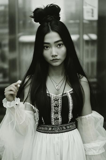 pocahontas disguised as a translucent boogeyman, analog photo, b&w, monochromatic, professional,intricate,hyperdetailed,documetary