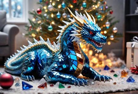 blue shards dragon siting next to a pile of  (colorful crystal gems), under a Christmas tree, (living room), highly detailed clean, beautiful detailed intricate, 8K,