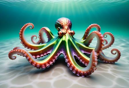 (made of l1qu1dp34rl):2, (pearlescent):2, (iridescent blend off green and red hues),(aura) of (arising liquid overlapping waves),four horned ((octopus)) arising out from tempestous (inky):2 sea surface,dynamic pose,(waterbending):2,colorful