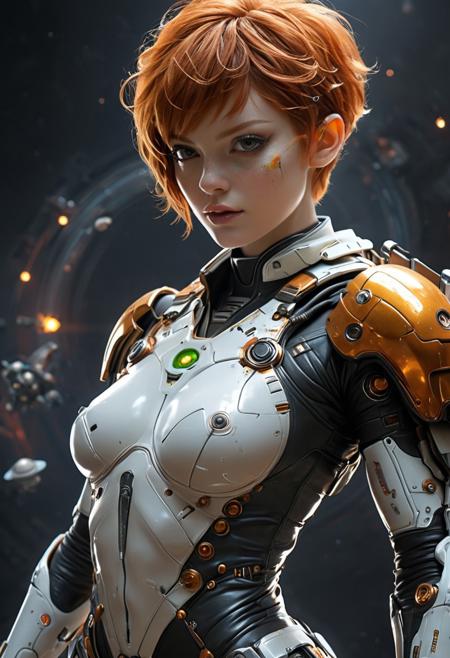 left eye, eye catching, sexy  hot ginger one-iridium-eyed girl, space ranger in uniform, missing right eye,  pixie cut hair sexy cyborg girl, toros real flesh, full chest , a realistic beautiful woman,   mixed among the wild ginger hair, discreetly hidden electronics,  eyepatch glowing softly, , inciting , , full-length female-body, wide angle,  beautiful , fantasy space battle in background OverallDetail, ,