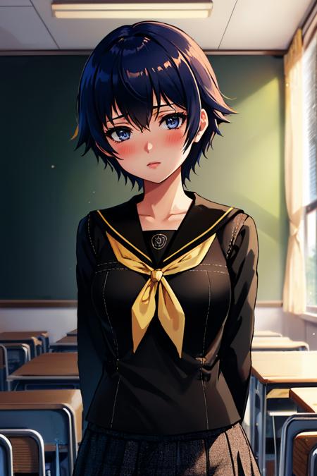 (masterpiece, best quality:1.2), upper body, solo, 1girl, shiroganeschool, blush, expressionless, looking at viewer, arms behind back, school uniform, black serafuku, yellow neckerchief, long sleeves, black skirt, classroom <lora:persona4_shirogane-17:1>