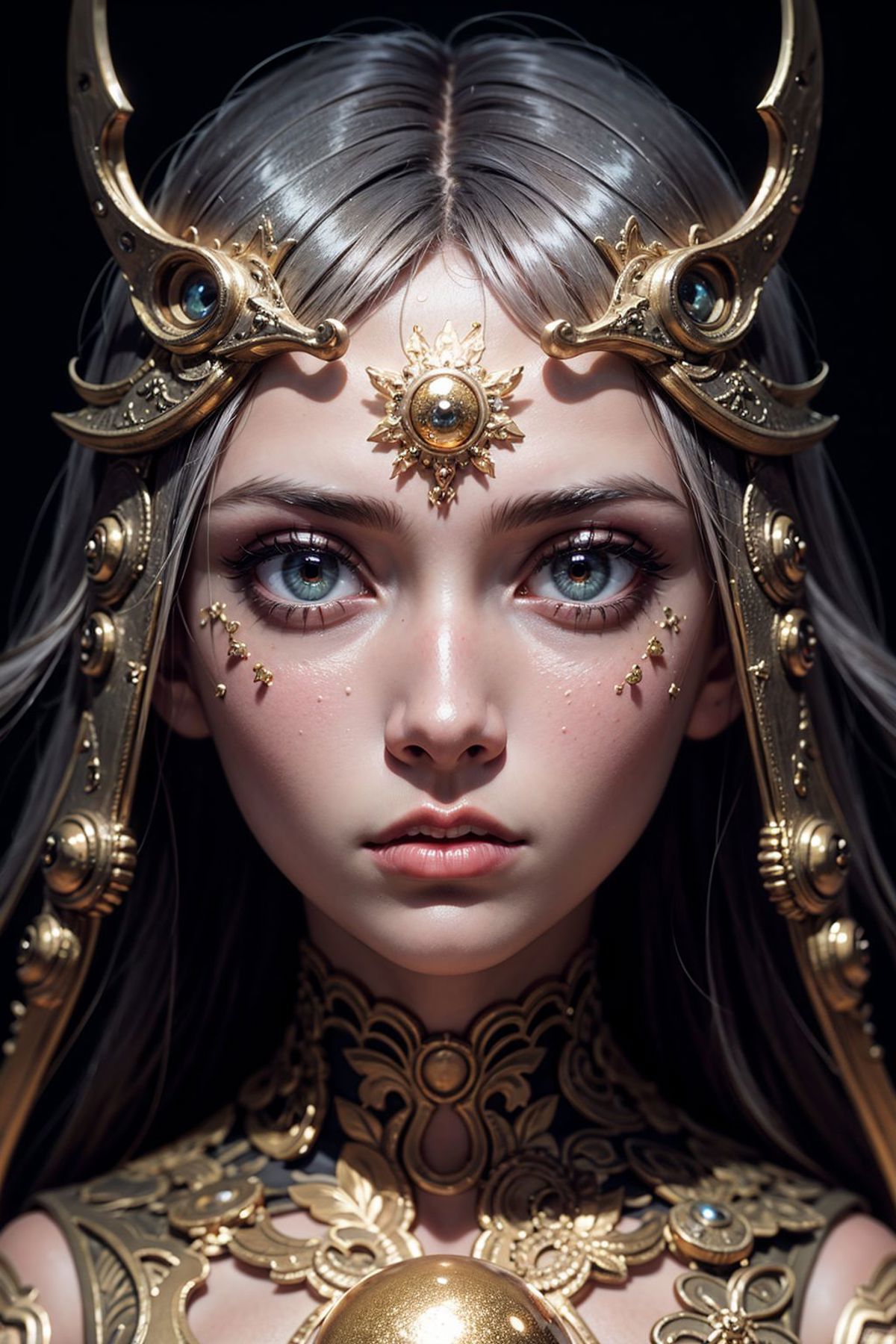 A digital art portrait of a woman with blue eyes and a gold, jewel-encrusted crown and headpiece.