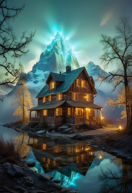 (by Ellen Jewett:1.5), ((gold Bioluminescent Impressionism: 1.8), The Dreamland), their peaks veiled in mist. mixed media, surrealism, great lighting, A surreal landscape highly detailed . extremely high-resolution details,  appears trapped in an optical illusion of reflections and refractions colorful , luxurious mountain cabin, ice and snow, professional photography, natural lighting, volumetric lighting maximalist. intricately detailed, complex, elegant, expansive, fantastical, film photography style,  medium grain,  <lora:MJ52:0.3>  <lora:SDXLFaeTastic2400:0.4>  <lora:EpicF4nta5yXL:0.7>.ethereal landscapes, depth of field, biotech emotion:1.3) <lora:xl_more_art-full_v1:0.5> <lora:add-detail-xl:1> <lora:RMSDXL_Creative:2>