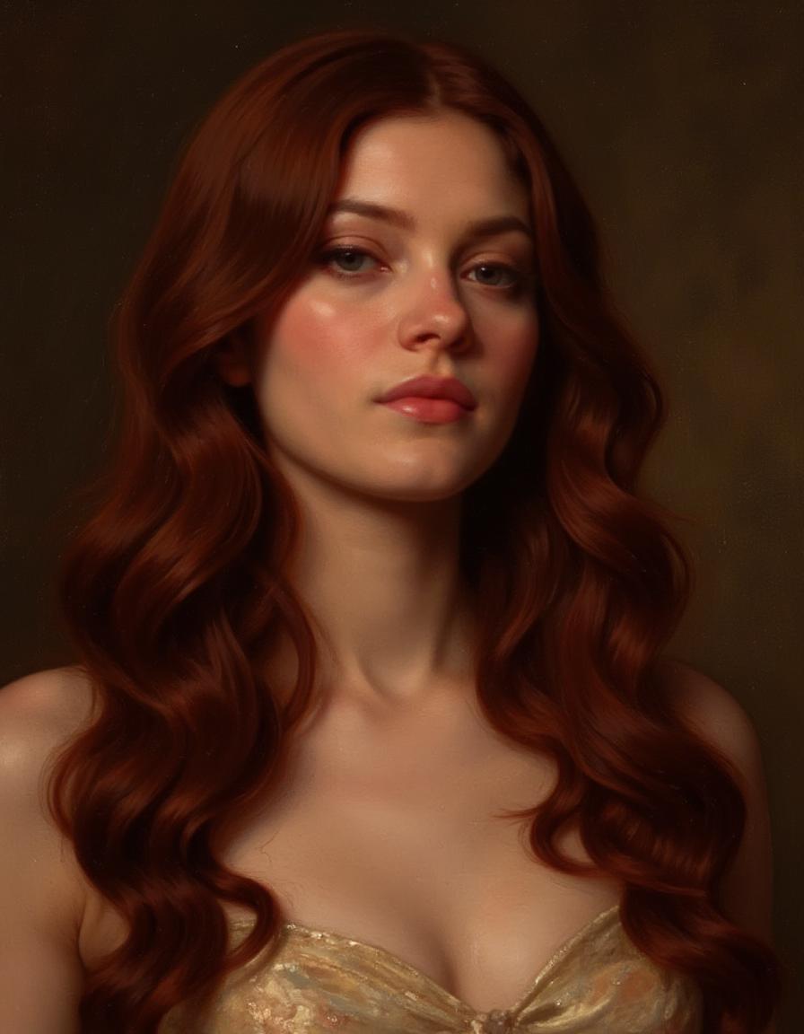 cinematic photo Jasmine is a pale skinned 18 year old woman, her chin is round, her face is an inverted triangle shape, she has long wavy deep red hair that hangs over one of her eyes
Jasmine's slim with medium breasts
she usually has her hair covering one of her eyes, she's wearing a formal gown
an oil painting of jasmine on a large canvas 
<lora:Eldritch_Painting_Flux_1.2:1.1> painting, 35mm photograph, film, professional, 4k, highly detailed