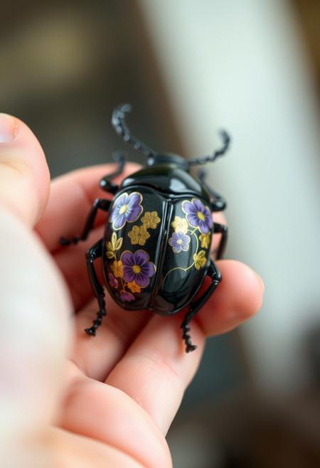 An artistic image focused on the intricate details of the beetle made of glossy chinese porcelain textures with purple and gold flowers patterns.A gentle touch of a human hand holding it. Use soft,natural colors and a shallow depth of field