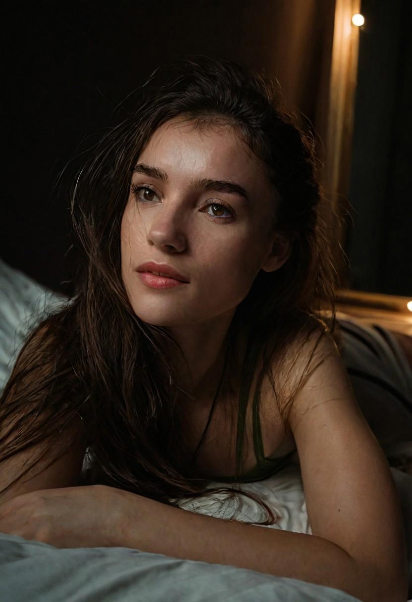 Cinematic, High Quality, Beautiful, Realistic, Chiaroscuro, Photorealism, Still Film, (Masterpiece), Close-up, 8k, 
(full body portrait: 1.4), 24 year old woman, lying on bed, RAW uhd portrait photography, room background, (looking at camera), cute face, night, mirror light, DSLR camera, 
exceptional quality, sharp focus, sharpness, sharpness, film grain, (center), 
Fujifilm XT3, sharp focus, bokeh, (dark light), inspiration. Authors: Jim Mahfood, Henry Asencio, Greg Rutkowski, Craig Davison, Jenny Saville, Bernie Wrightson, Frank Frazetta,